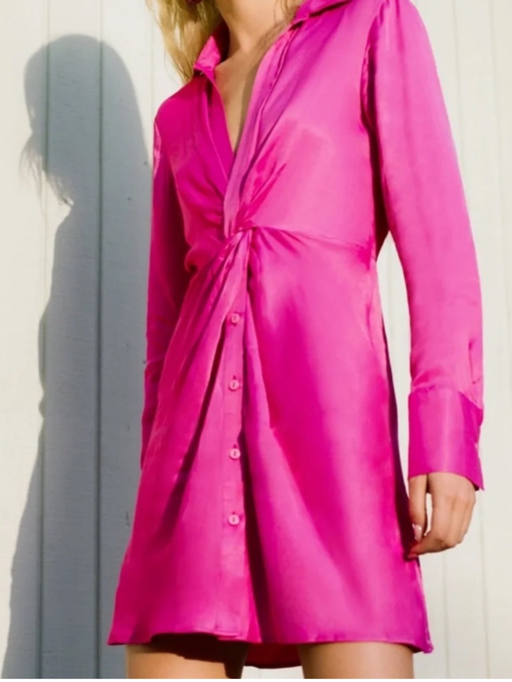 Zara Hot Pink Satin Twist-Front Shirt Dress